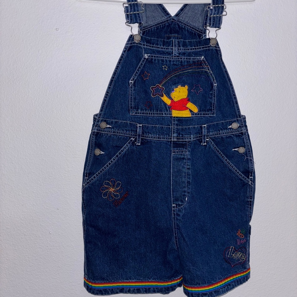 Vintage Winnie the Pooh Disney Denim Overalls With Rainbow SZ 14 Embroidered - Picture 3 of 8